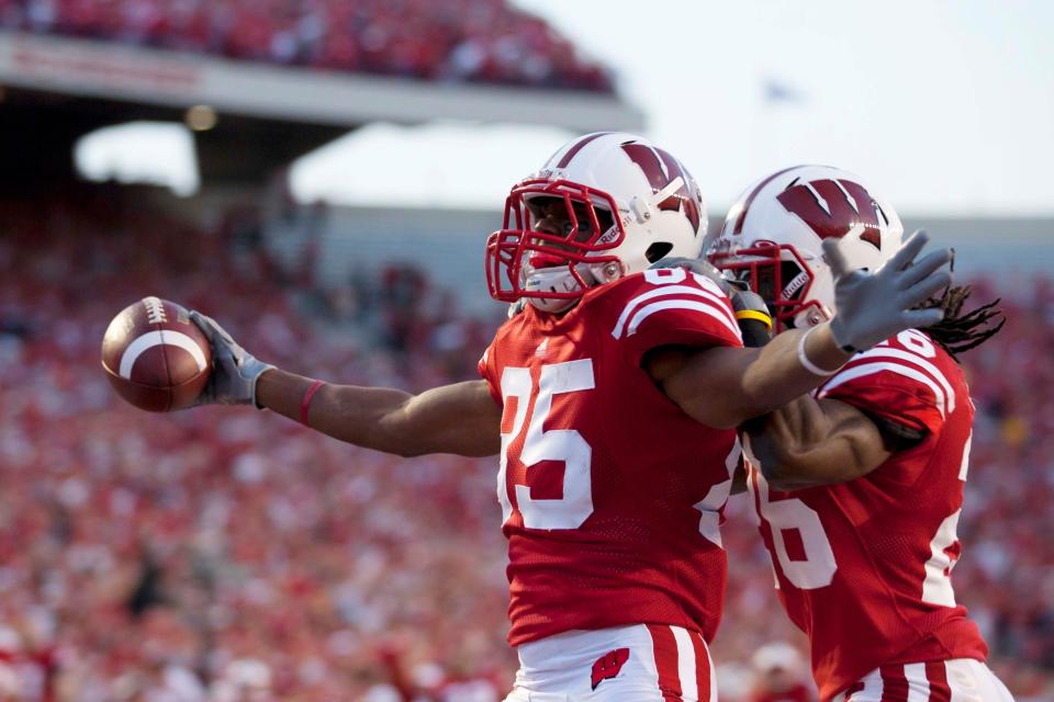 Former Badgers receiver David Gilreath celebrates a touchdown during a game against Ohio State at Camp Randall Stadium on Oct 16, 2010. Wisconsin defeated Ohio State, 31-18.