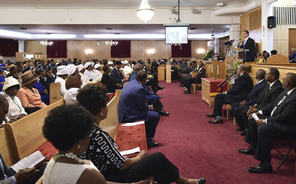 In this photo provided by the Office of the Governor of New York, New York Gov. Andrew Cuomo addresses the congregation at the First Baptist Church of Crown Heights in the Brooklyn borough of New York, Sunday, Aug. 19, 2018. Cuomo hammered Donald Trump for creating what he called a "frightening portrait" of today's America. In a searing speech from the pulpit, Cuomo said the president has fooled many people in this country, but the Democrat said the Republican president hasn't fooled New Yorkers. (Office of the Governor of New York/Kevin Coughlin via AP)