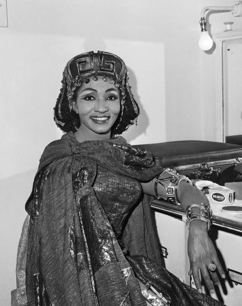 FILE - American opera singer Grace Bumbry appears in her dressing room at the Royal Opera House, Covent Garden, London in Jan. 25, 1968, after the opening performance of Verdi's "Aida." Bumbry, 86, a pioneering mezzo-soprano who became the first Black to sing at the Bayreuth Festival, died Sunday, May 7, 2023, at Evangelisches Krankenhaus, a hospital in Vienna, according to her publicist, David Lee Brewer. (AP Photo/Laurence Harris, File)