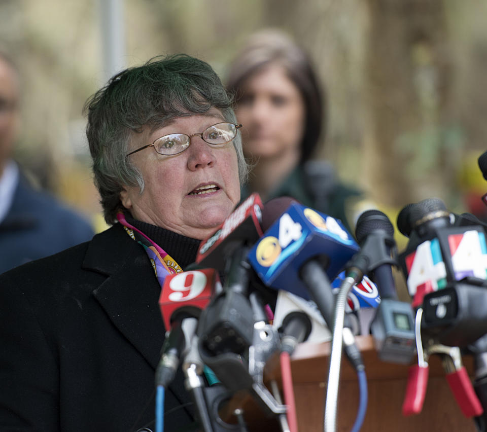 Hillary Sessions, the mother of Tiffany Sessions, talks to the media Thursday, Feb. 6, 2014 after it was announced that a possible suspect has been named in the 1989 disappearance of her daughter Tiffany. The Alachua County Sherriff, Sadie Darnell named Paul Eugene Rowles, who is deceased,as the suspect in the case. (AP Photo/Phil Sandlin)