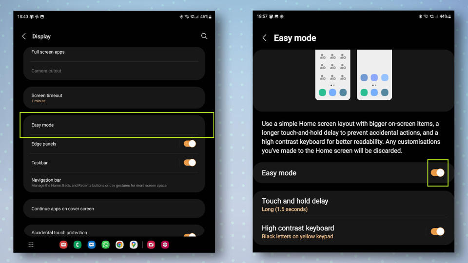 Samsung settings menu with Easy Mode highlighted