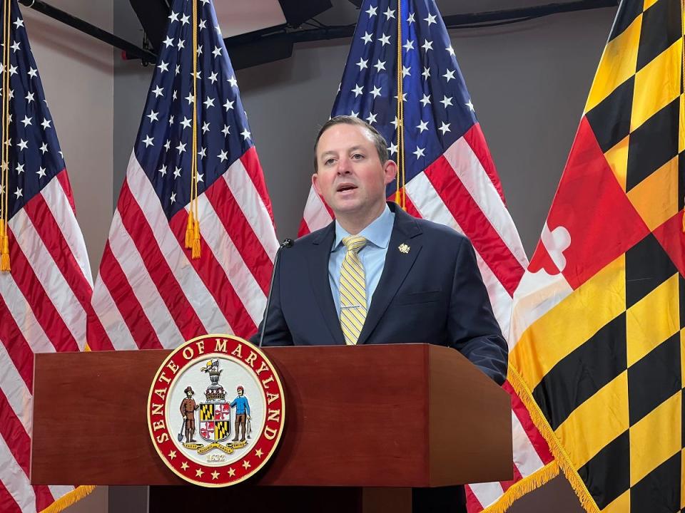 In this file photo, Maryland Senate President Bill Ferguson speaks during his weekly Friday press conference in Annapolis on Jan. 13, 2023.