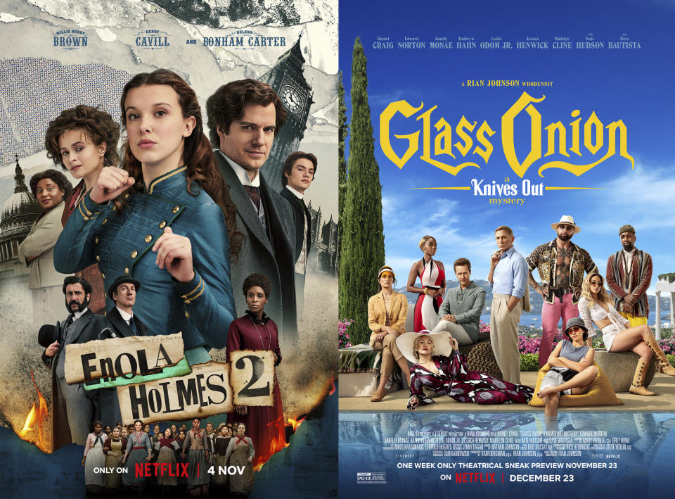 This combination of images shows promotional art for "Enola Holmes 2," a film airing on Netflix on Nov. 4 and "Glass Onion: A Knives Out Mystery," a film airing on Netflix on Dec. 23. (Netflix via AP)