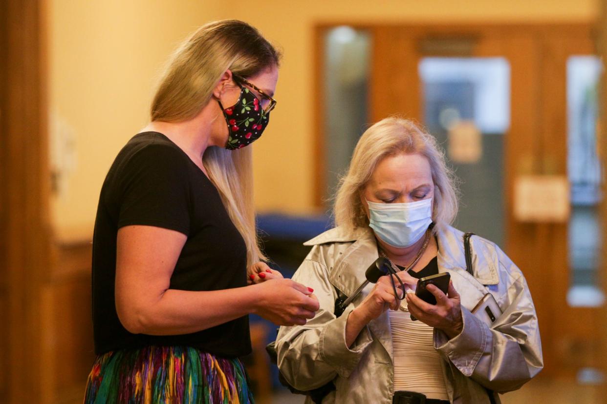 Jennifer Teising, Wabash Trustee, talks with her attorney Karen Sue Celestino-Horseman before appearing in Tippecanoe County Magistrate Court for a hearing after being indicted on 20 counts of felony theft, Friday. May 27, 2021 in Lafayette. A grand jury indicted Teising on May 12 on 20 counts of felony theft for receiving her salary while allegedly not living in the township, as required by law.