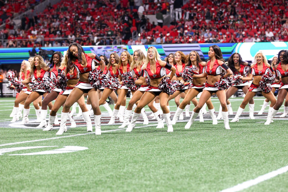 <p>Atlanta Falcons cheerleaders perform during the NFL game between the Green Bay Packers and the Atlanta Falcons on September 17, 2017, at the Mercedes-Benz Stadium in Atlanta, GA. (Photo by Frank Mattia/Icon Sportswire via Getty Images) </p>