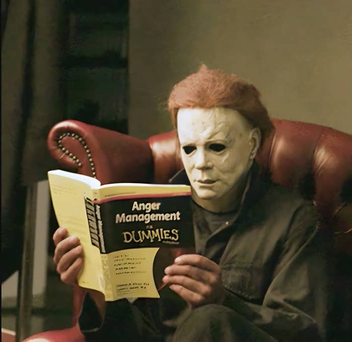 Michael Myers reading "Anger Management for Dummies"