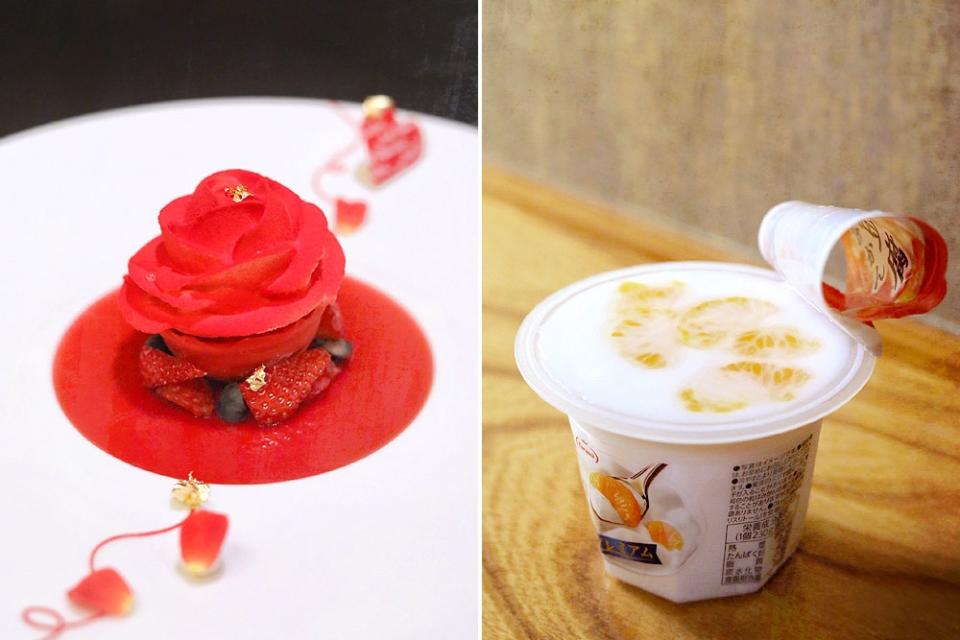 From an exquisite dessert redolent of rose petals (left) to a simple almond pudding, studded with orange segments (right).