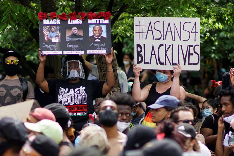 Demonstrators protest against the death in Minneapolis police custody of George Floyd, in New York City