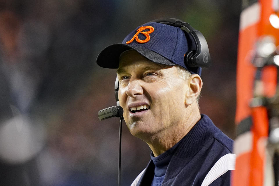 Chicago Bears coach Matt Eberflus watches from the sideline in the first half of an NFL football game against the Washington Commanders in Chicago, Thursday, Oct. 13, 2022. (AP Photo/Nam Y. Huh)