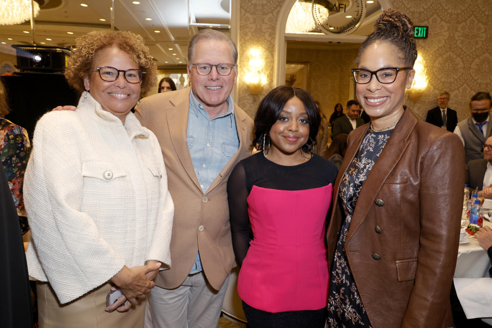 Debra L. Lee, David Zaslav, President and CEO of Warner Bros. Discovery, Quinta Brunson, and Channing Dungey, Chairperson, Warner Bros. Television, attend the AFI Awards 2022 Luncheon. - Credit: Frazer Harrison/Getty Images