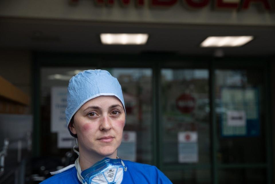 A health care worker from White Plains Hospital amid the COVID-19 pandemic.