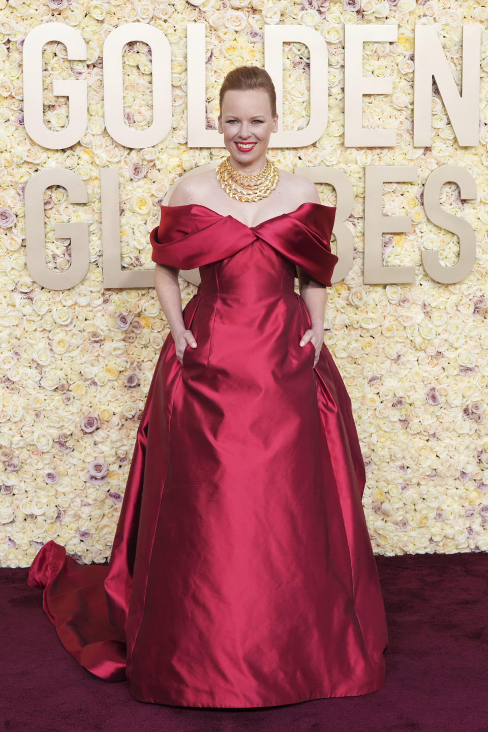 Alma Poysti arrives at the 81st Golden Globe Awards on Sunday, Jan. 7, 2024, at the Beverly Hilton in Beverly Hills, Calif. (Photo by Jordan Strauss/Invision/AP)