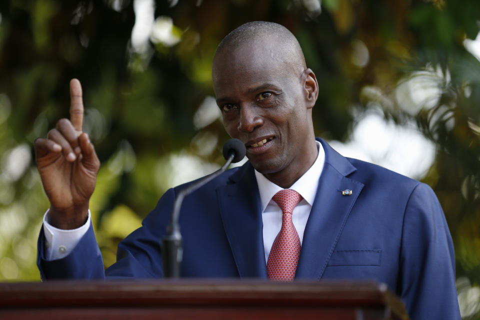 President Jovenel Moïse speaks during a press conference at the National Palace in Port-au-Prince, Haiti, Tuesday, Oct. 15, 2019. Haiti's embattled president faced a fifth week of protests as road blocks and marches continue across the country, after opposition leaders said they will not back down on their call for Moïse to resign.(AP Photo/Rebecca Blackwell)