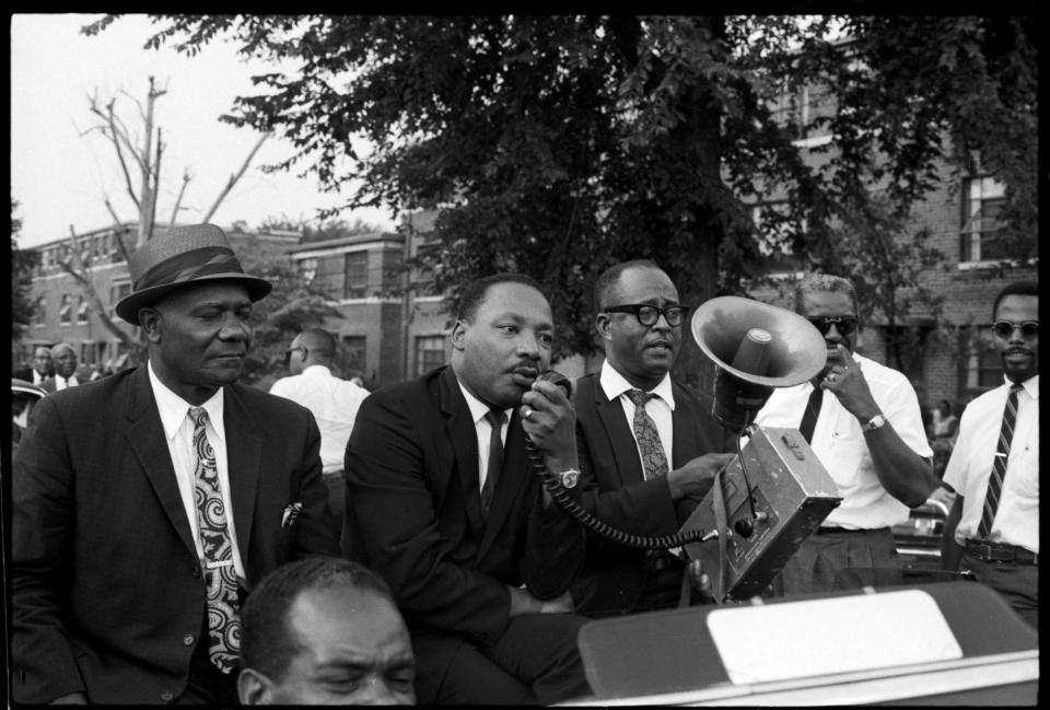 Dr. Martin Luther King spoke during a voter registration rally in Louisville.  Aug. 2, 1967