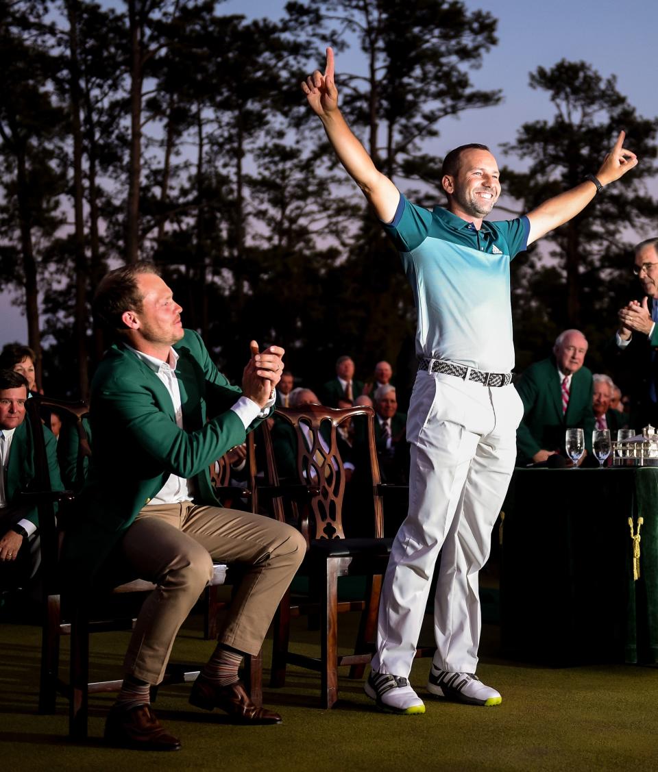 Sergio Garcia celebrates during the Green Jacket ceremony following the final round of the Masters Tournament Sunday at Augusta National Golf Club, Sunday, April 9, 2017, in Augusta, Georgia.