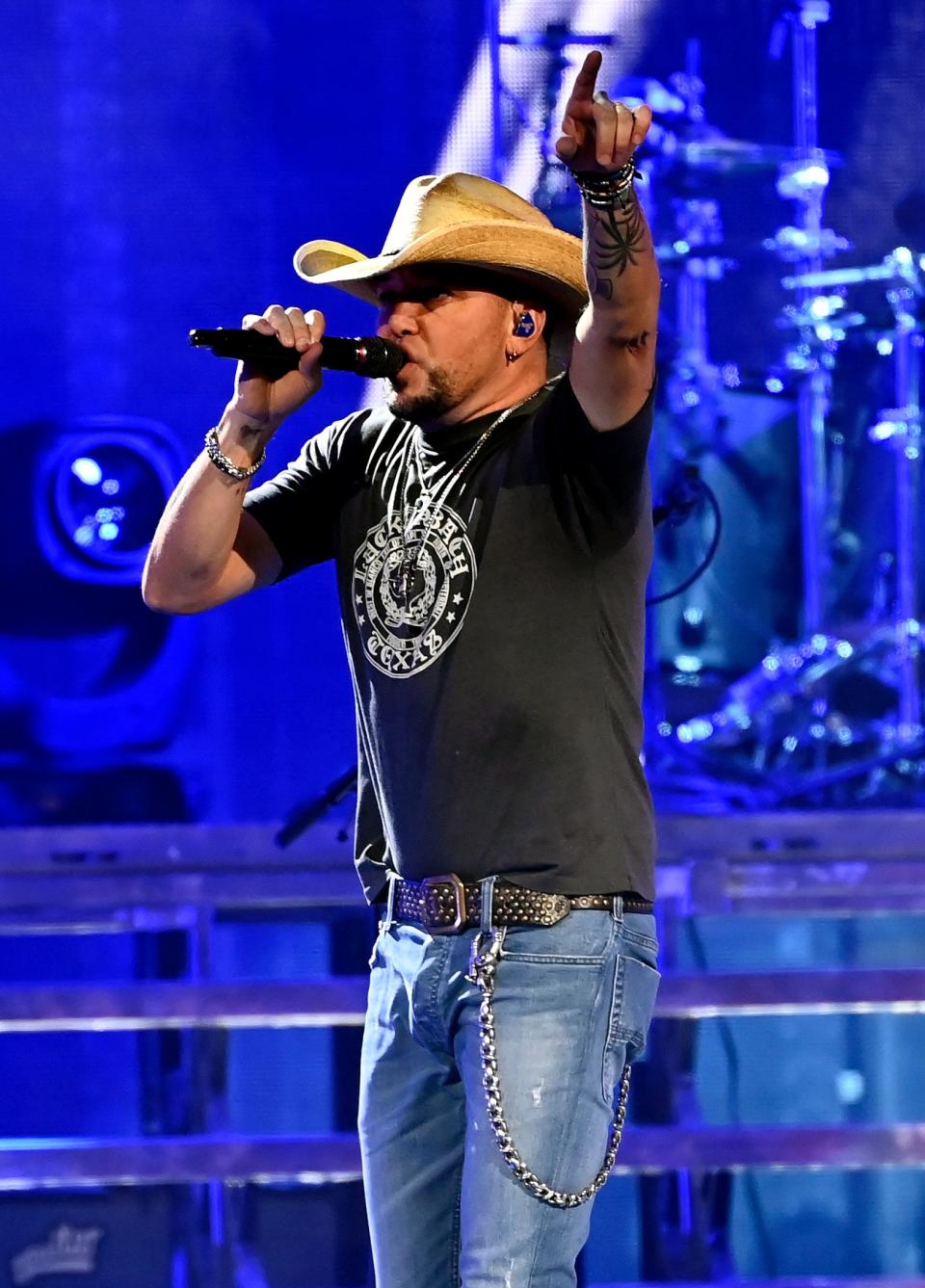 Jason Aldean performs during his Rock N’ Roll Cowboy Tour at Bridgestone Arena Friday, Oct. 14, 2022, in Nashville, Tenn. 