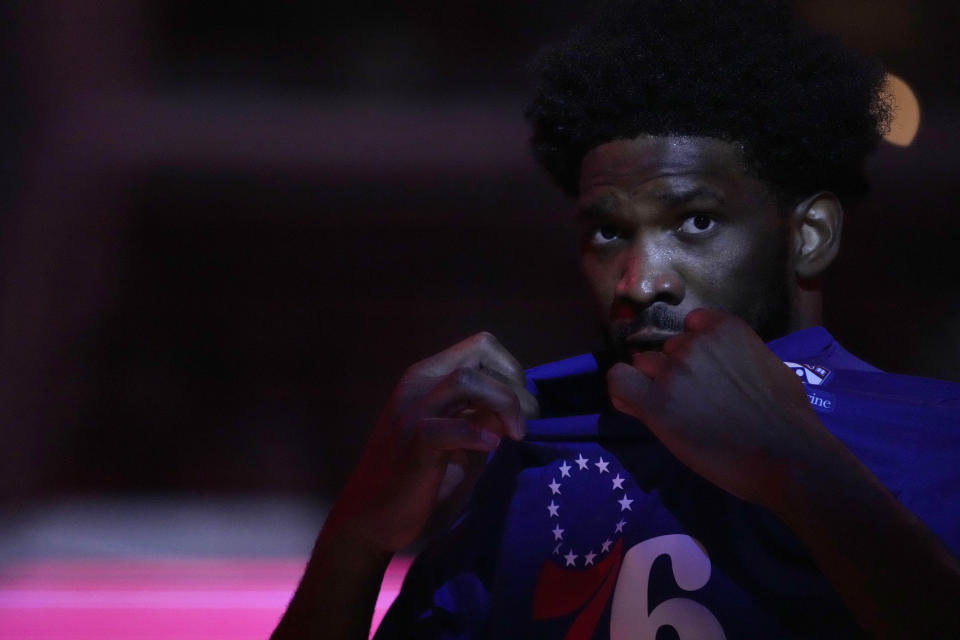 Philadelphia 76ers' Joel Embiid prepares to play in an NBA basketball game against the Chicago Bulls Wednesday, March 22, 2023, in Chicago. (AP Photo/Charles Rex Arbogast)