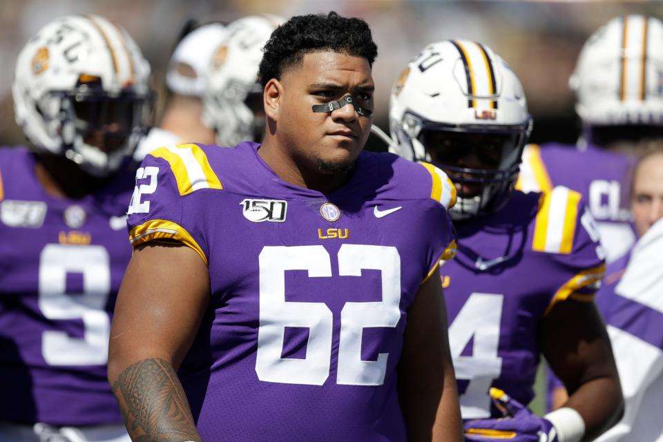 LSU defensive tackle Siaki Ika walks on the sideline in the first half at Vanderbilt on Sept. 21, 2019.