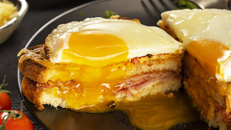 croque madame on a dark plate