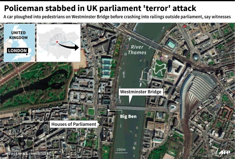 Map of London, locating the Houses of Parliament, site of attacks Wednesday