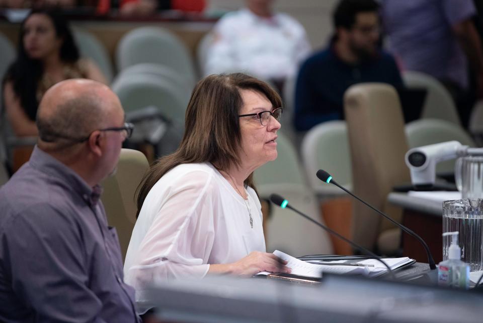 Melanie Rapier, executive director of the Pueblo Rescue Mission, speaks during a Pueblo city council meeting on Monday, October 16, 2023.