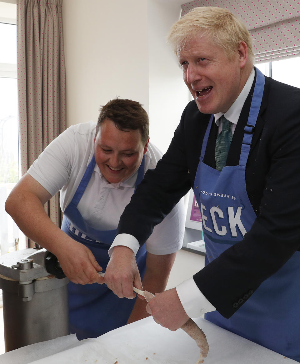 Conservative party leadership candidate Boris Johnson makes sausages during a visit to Heck Foods Ltd. headquarters near Bedale in North Yorkshire ahead of the latest hustings in York later.