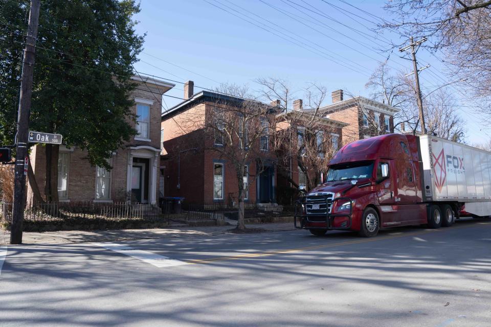 A truck drives down W. Oak Street on Monday, Feb. 5, 2024, in Louisville.