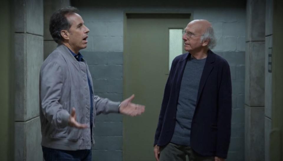 Jerry Seinfeld and Larry David in jail in the “No Lessons Learned” episode. HBO