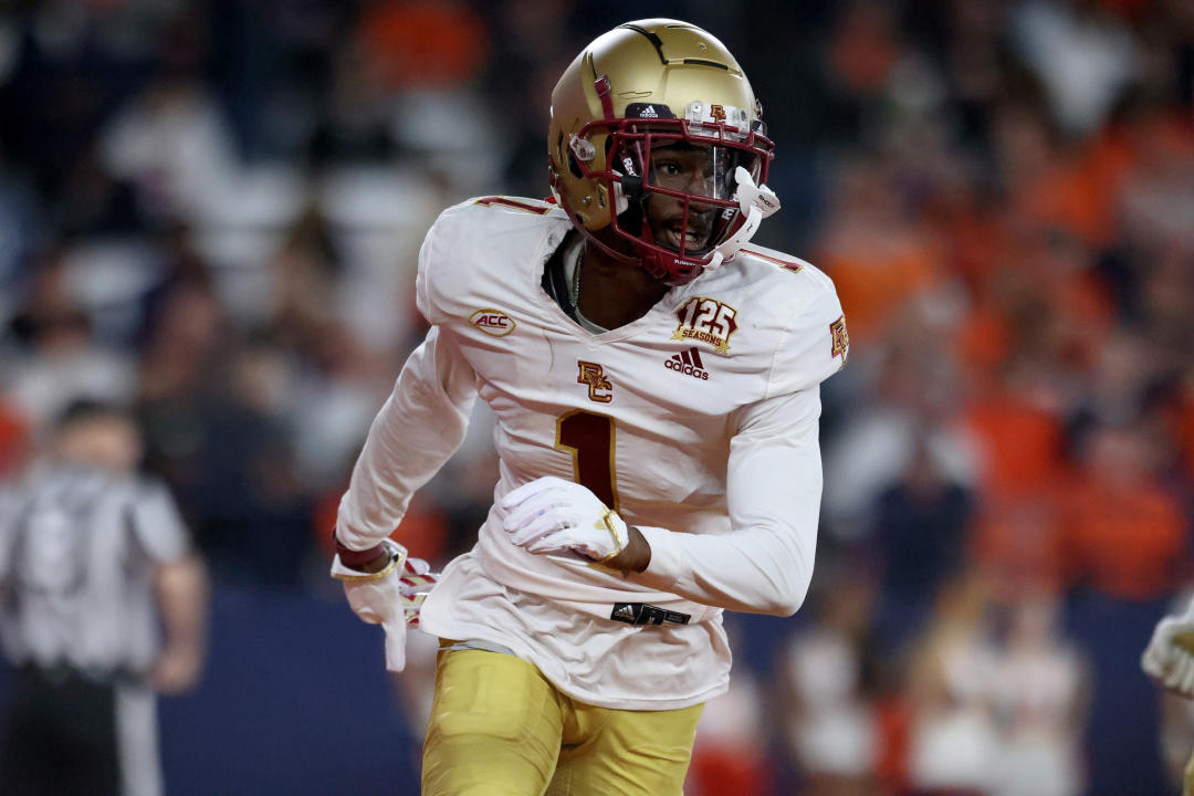 SYRACUSE, NEW YORK - NOVEMBER 03: Elijah Jones #1 of the Boston College Eagles reacts during the second quarter against the Syracuse Orange at JMA Wireless Dome on November 03, 2023 in Syracuse, New York. (Photo by Bryan Bennett/Getty Images)