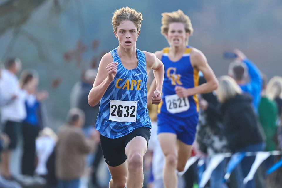 Jason Baker from Cape Henlopen High School finishes the boys division I race at the DIAA Cross Country Championships Saturday, Nov. 11, 2023; at Brandywine Creek State Park in Wilmington, DE.