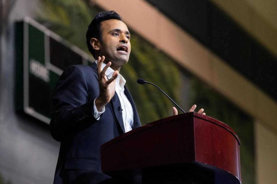Vivek Ramaswamy, an entrepreneur who is running for the Republican Party’s nomination for president, speaks at the South Carolina Republican Party State Convention at River Bluff High School on Saturday, May 20, 2023.