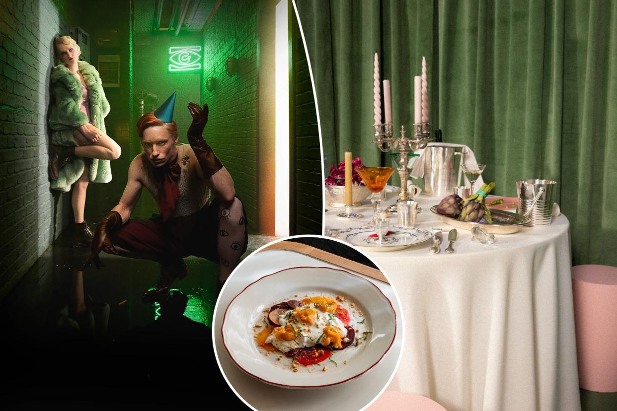 Collage of Eddie Redmayne and Gayle Rankin at the Kit Kat Club, food from Bar Madonna, and silver from Christofle.