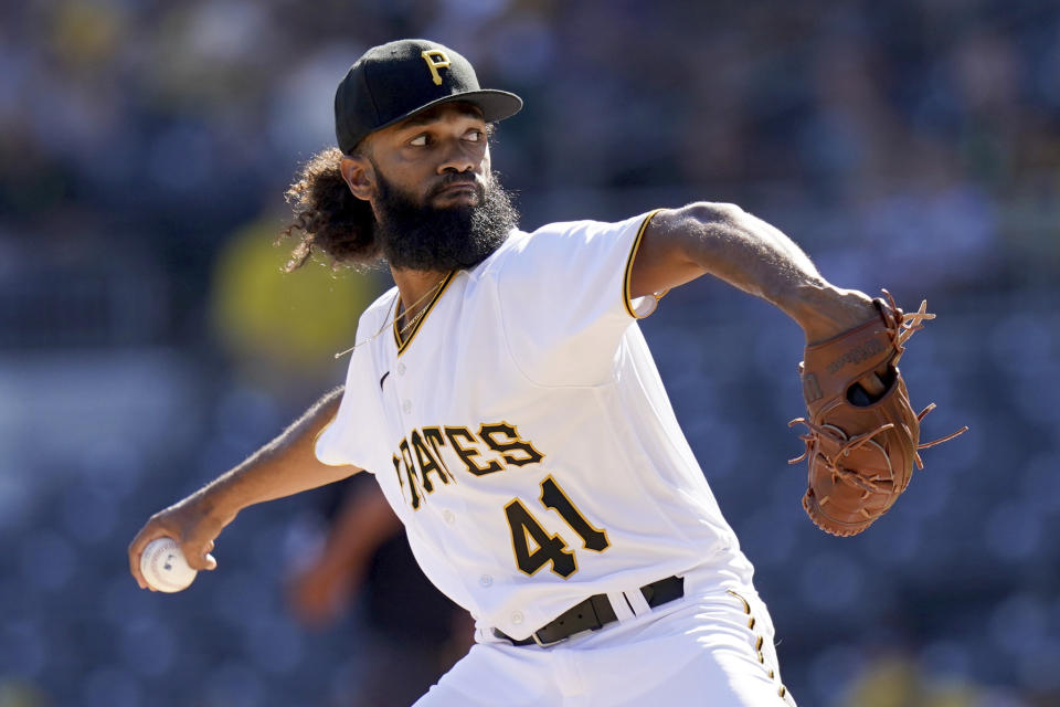 Pittsburgh Pirates starting pitcher Andre Jackson delivers during the first inning of a baseball game against the Miami Marlins in Pittsburgh, Sunday, Oct. 1, 2023. (AP Photo/Matt Freed)