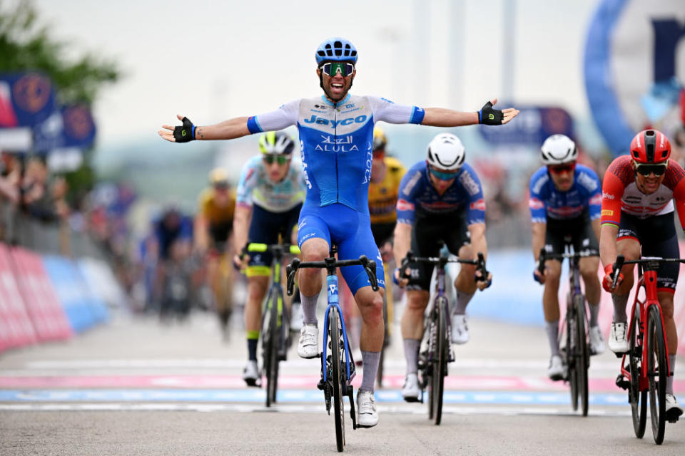 MELFI ITALY  MAY 08 Michael Matthews of Australia and Team Jayco AlUla celebrates at finish line as stage winner during the 106th Giro dItalia 2023 Stage 3 a 213km stage from Vasto to Melfi 532m  UCIWT  on May 08 2023 in Melfi Italy Photo by Stuart FranklinGetty Images