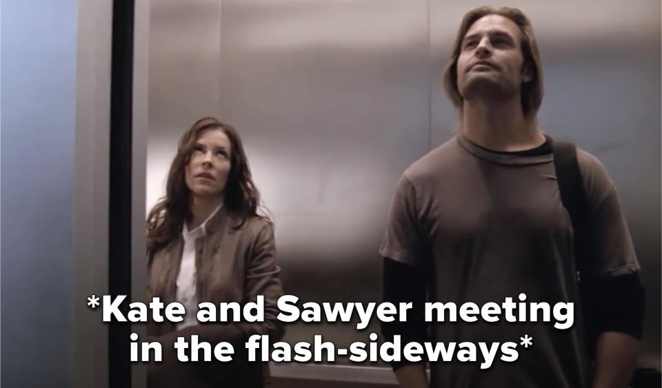 Kate and Sawyer meeting in the elevator in the flash-sideways