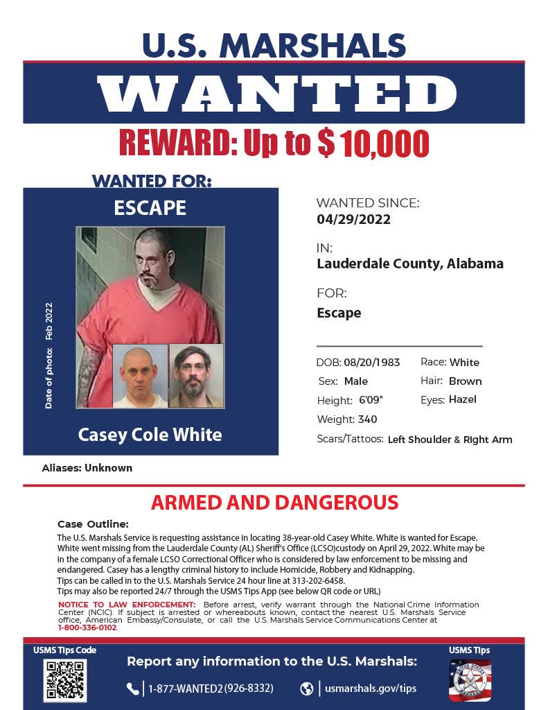 U.S. Marshals issued a new poster with more recent images of capital murder suspect Casey Cole White. White and corrections officer Vicky Sue White have been missing since Friday morning.