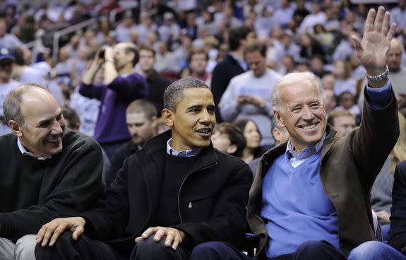 Phil Schiliro, assistant to the President for legislative affairs, left, with President Obama and VP Biden bro-ing out at a Duke Georgetown NCAA college basketball game in 2010.