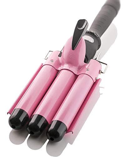 4) Three Barrel Curling Iron Wand With LCD Temperature Display - 1 Inch Ceramic Tourmaline Triple Barrels, Dual Voltage Crimp (Pink)