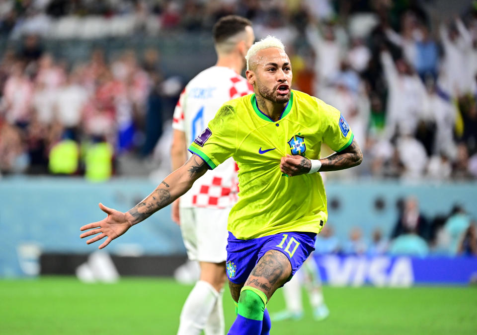 AL RAYYAN, QATAR - DECEMBER 09: Neymar Junior of Brazil celebrates after scoring his goal ,during the FIFA World Cup Qatar 2022 quarter final match between Croatia and Brazil at Education City Stadium on December 9, 2022 in Al Rayyan, Qatar. (Photo by MB Media/Getty Images)