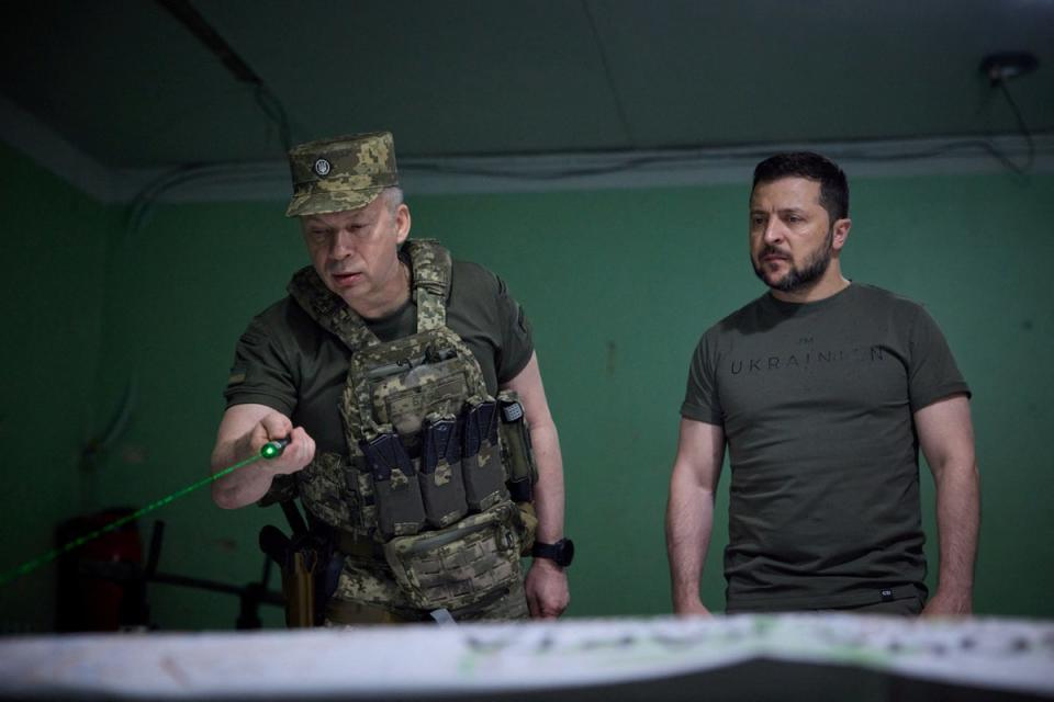 Zelensky with Colonel General Oleksandr Syrskyi at a position near the Ukraine-Russia frontline (Reuters)