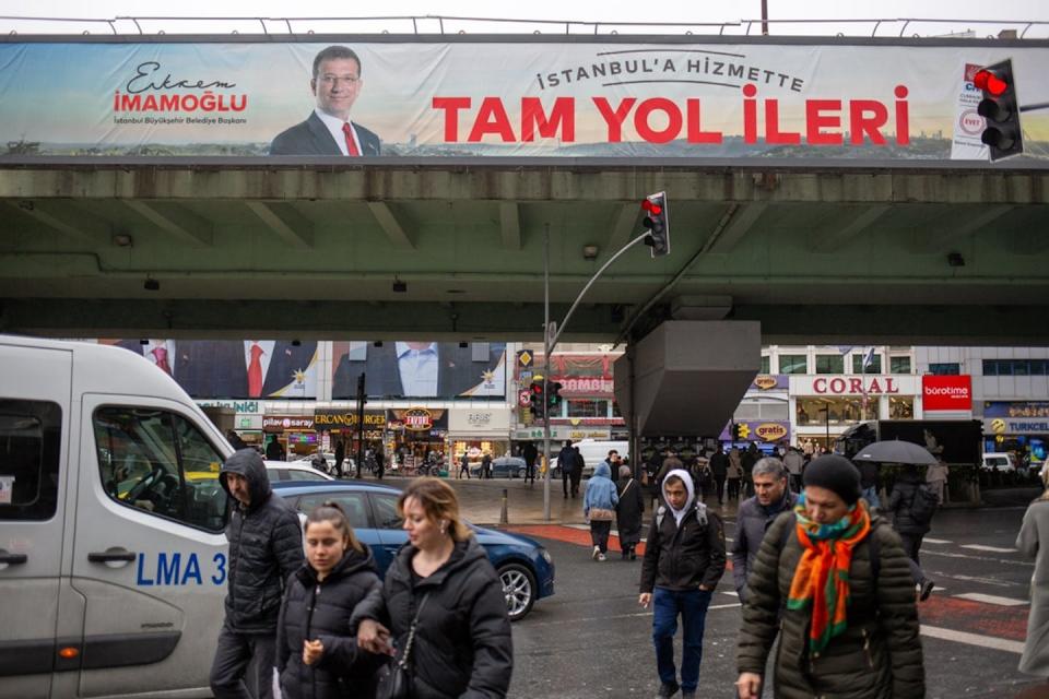 Election campaign posters of Istanbul Metropolitan Municipality Mayor Ekrem Imamoglu before the local elections in the streets of Mecidiyekoy in Istanbul.