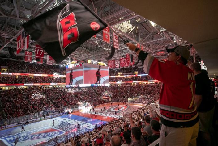 Carolina Hurricanes fans welcome the team to the ice against the New York Rangers on Monday, May 30, 2022 during game seven of the Stanley Cup second round at PNC Arena in Raleigh, N.C.