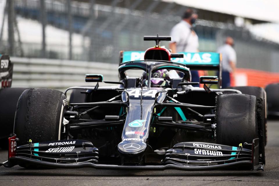 Lewis Hamilton managed to nurse his Mercedes to victory despite suffering a last-lap puncture: Getty Images