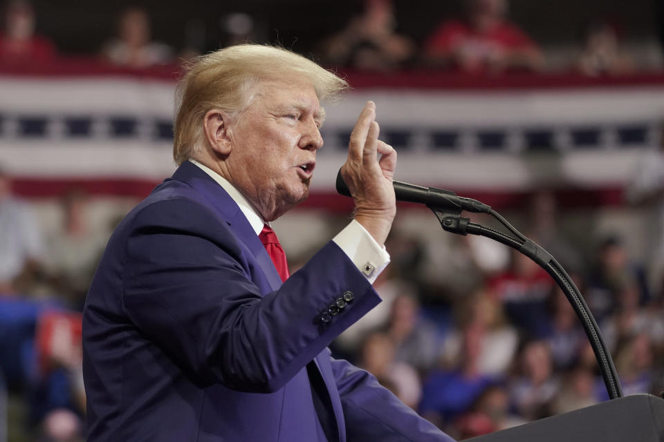 Former President Donald Trump speaks at a rally in Wilkes-Barre, Pa., Saturday, Sept. 3, 2022. (AP Photo/Mary Altaffer)