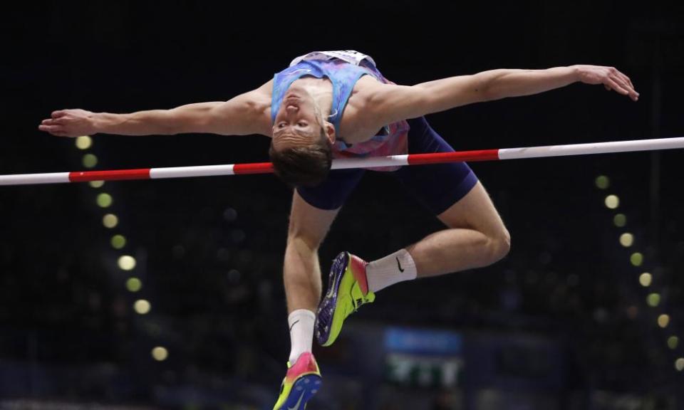 A picture of the high jumper Danil Lysenko in action