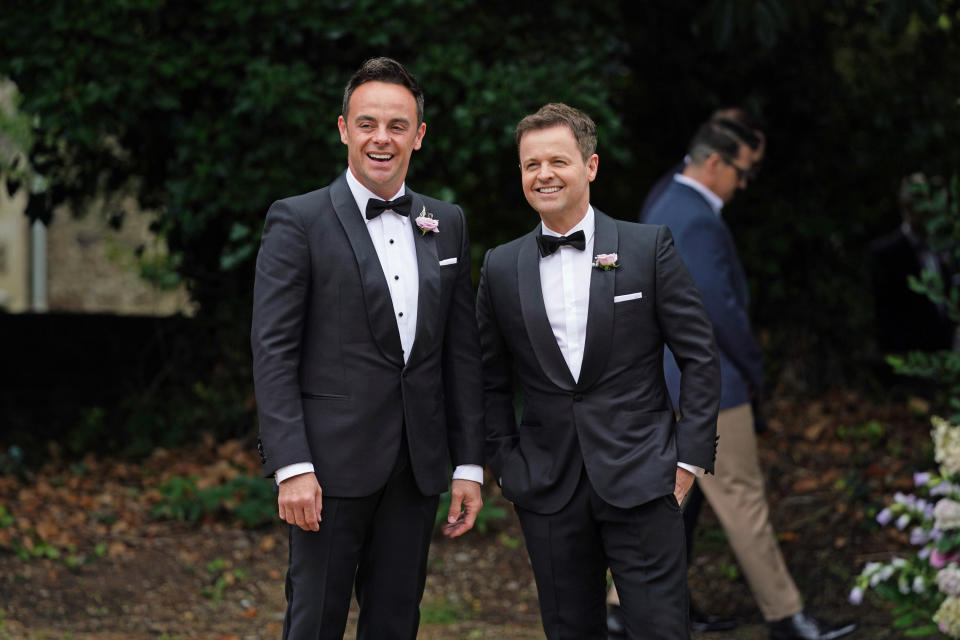 Anthony McPartlin, with Declan Donnelly (right), arriving at St Michael's church, Heckfield in Hampshire, for his wedding to Anne-Marie Corbett. Ant is one half of the entertainment duo Ant and Dec. Picture date: Saturday August 7, 2021. (Photo by Kirsty O'Connor/PA Images via Getty Images)