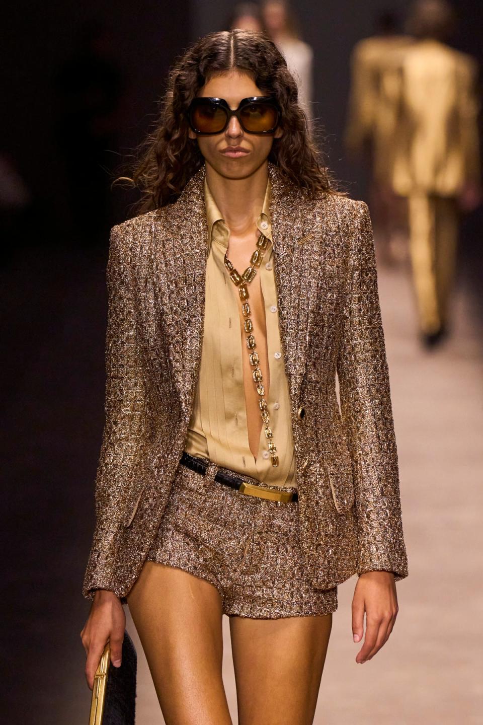 Hotpants and coordinating jackets were a theme of Tom Ford’s SS24  collection (Imaxtree)