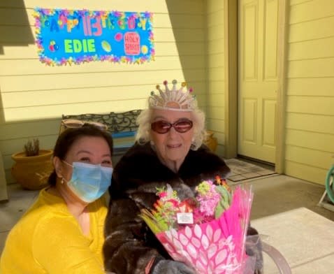 Edie Ceccarelli (right) and her primary caregiver Perla Gonzalez during a celebration for Ceccarelli's 113th birthday.