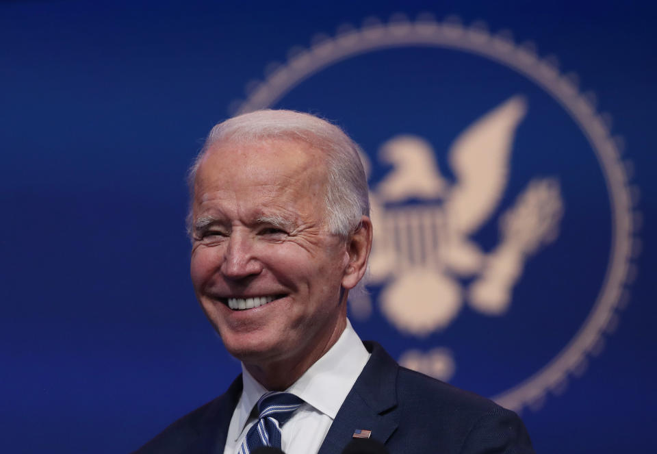 WILMINGTON, DELAWARE - NOVEMBER 10: U.S. President-elect Joe Biden addresses the media about the Trump Administration’s lawsuit to overturn the Affordable Care Act on November 10, 2020 at the Queen Theater in Wilmington, Delaware. Mr. Biden also answered questions about the process of the transition and how a Biden Administration would work with Republicans. (Photo by Joe Raedle/Getty Images)