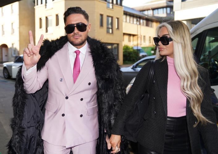 Reality TV star Stephen Bear with his partner Jessica Smith arriving at Chelmsford Crown Court, Essex, where he is charged with voyeurism and two counts of disclosing private sexual photographs or films. The 32-year-old, who appeared in Ex On The Beach, is accused of secretly recording himself having sex with a woman and posting the footage online. Picture date: Tuesday December 6, 2022. (Photo by Joe Giddens/PA Images via Getty Images)